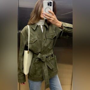 Madewell Belted Field Jacket in Suede Faded Ivy Olive Green Size Small